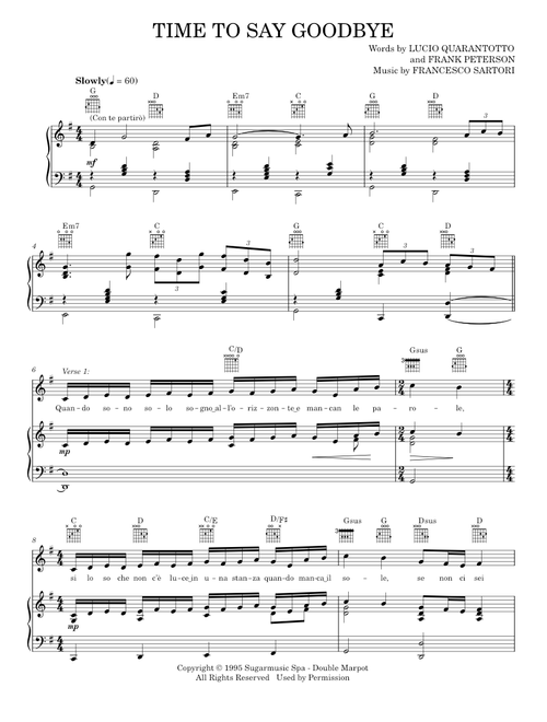 Time To Say Goodbye - Andrea Bocelli, Sarah Brightman, Sarah Brightman with Andrea Bocelli (Piano-Vocal-Guitar)