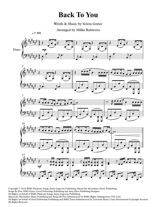 Back To You (Arr. Milka Rubtsova) - Selena Gomez (Piano Solo)