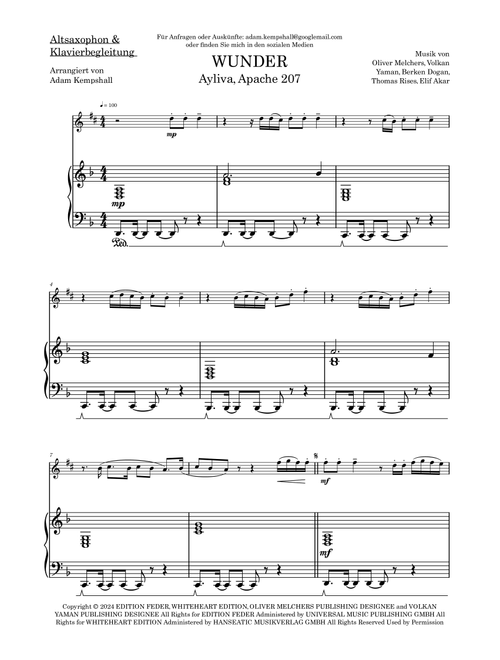 Wunder (Arr. Adam Kempshall) - Ayliva Apache 207 (Alto Sax and Piano)