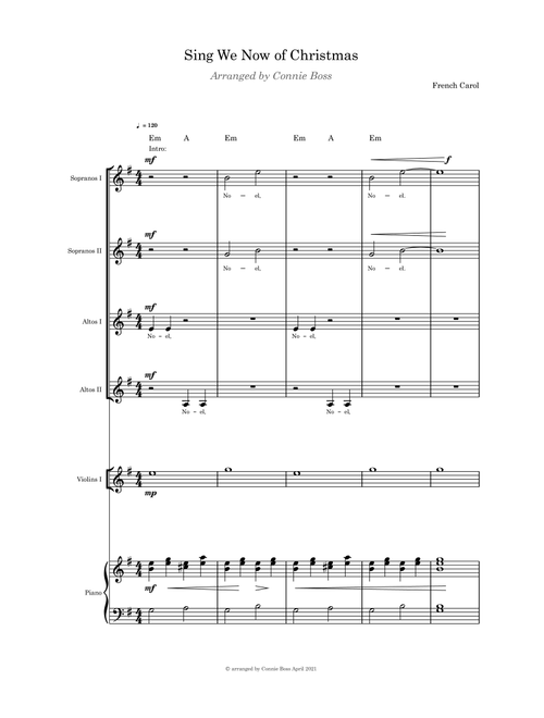 Sing We Now of Christmas - SSAA Violin, cello or flute and Piano (Arr. Connie Boss) - French Carol - unknown (Small Ensemble)