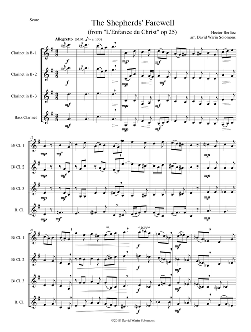 The Shepherds' Farewell for clarinet quartet (Arr. David Warin Solomons) - Hector Berlioz (Woodwind Ensemble)