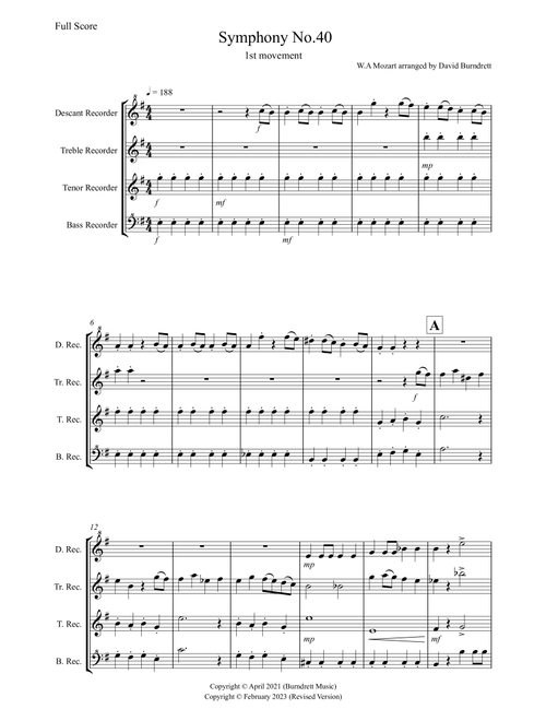 Symphony No.40 (1st movement) for Recorder Quartet (Arr. David Burndrett) - Wolfgang Amadeus Mozart (Recorder Ensemble)