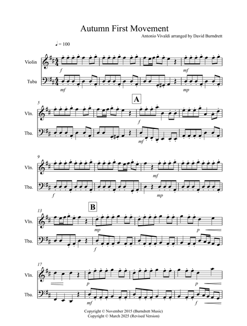 Autumn "Four Seasons" for Violin and Tuba Duet (Arr. David Burndrett) - Antonio Vivaldi (Instrumental Duet)
