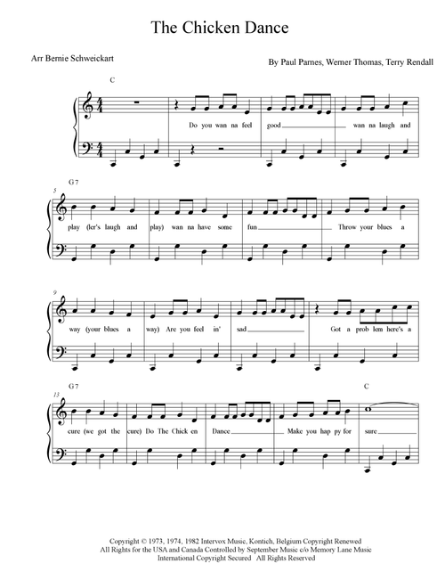 The Chicken Dance (Arr. Bernie Schweickart) - Terry Rendall, Paul Parnes, Werner Thomas (Piano-Vocal-Guitar (Piano Accompaniment))