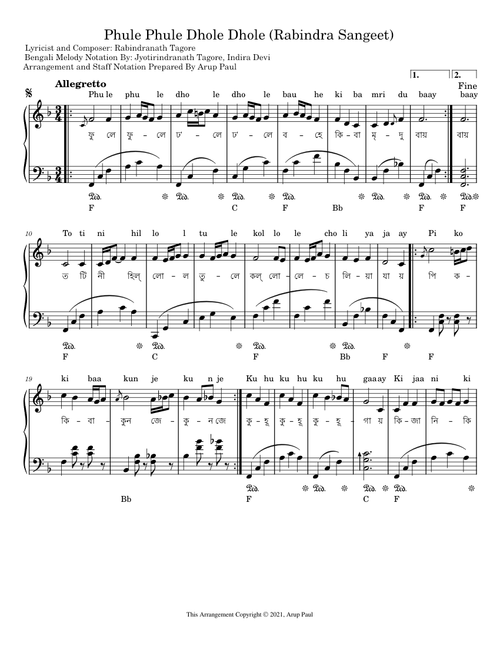Phule Phule Dhole Dhole Rabindra Sangeet Piano Solo Version Staff Notation By Arup Paul