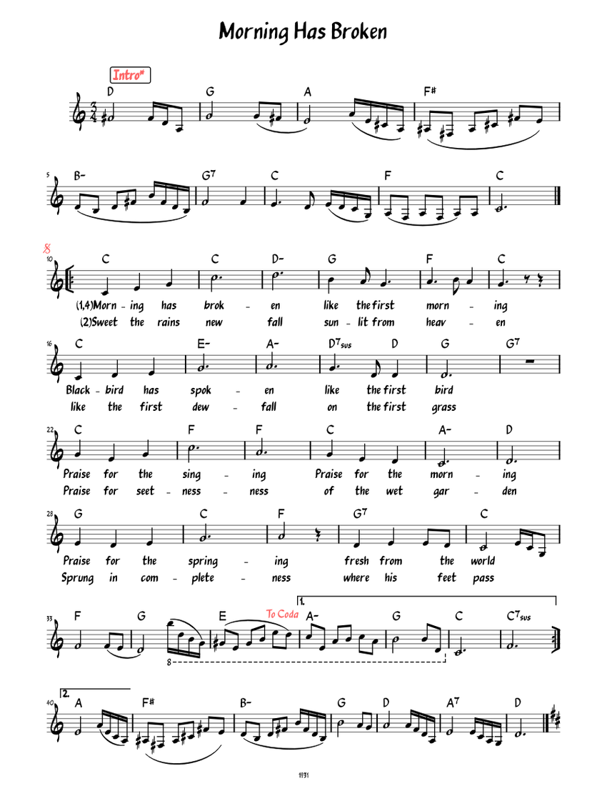 Morning has broken Cat Stevens Morning Has Broken Lead sheet with