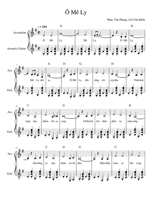 Ô Mê Ly (Accordion-Guitar Key of G)