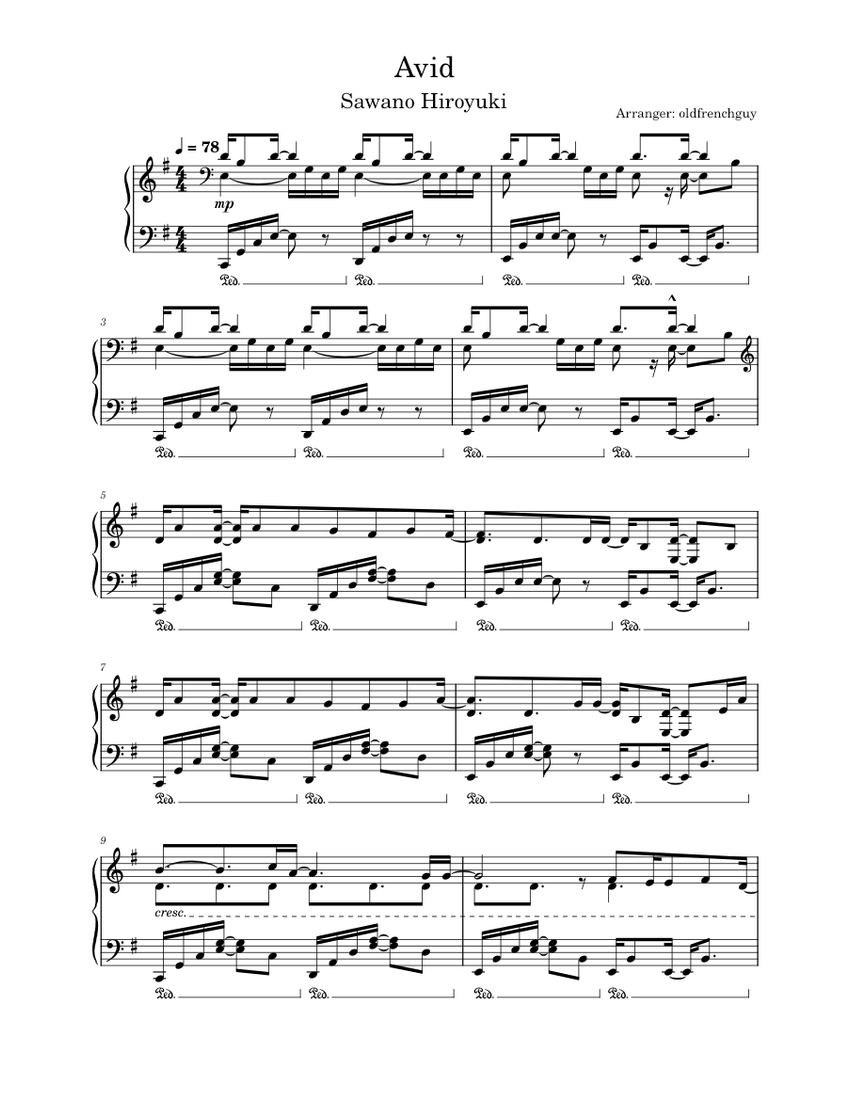 Avid - Sawano Hiroyuki | TV Size Sheet Music for Piano (Solo
