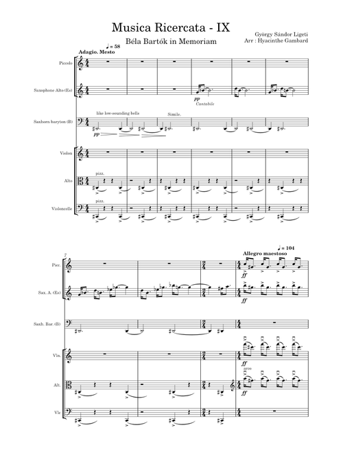 [Arrangement] Musica Ricercata - IX - Adagio Mesto - Bélà Bartok in memoriam