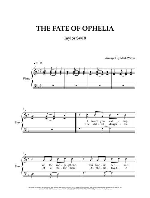 The Fate Of Ophelia (Arr. Mark Waters) - Taylor Swift (Piano Vocal)