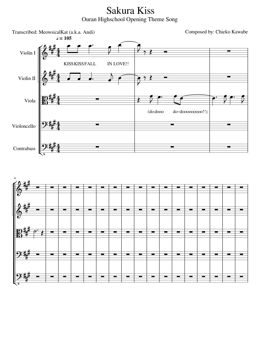 Sakura Kiss (Ouran Highschool Host Club Theme Song) [ROUGH DRAFT] Sheet  music for Contrabass, Violin, Viola, Cello (String Quintet) 