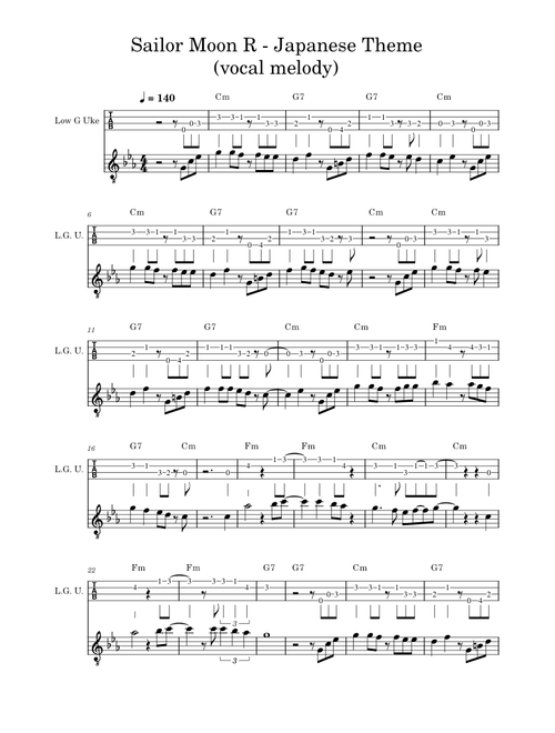 Sailor Moon R main theme (melody for Low G uke and piano)