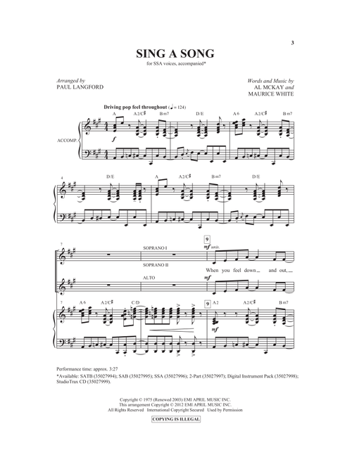Sing A Song (arr. Paul Langford) - Earth Wind & Fire (Choral, SSA)
