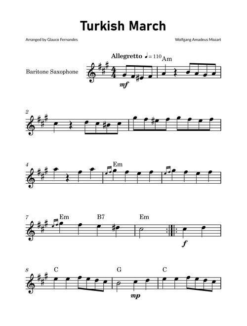 Turkish March by Mozart - Baritone Saxophone Solo with Chord Notations (Arr. Glauco Fernandes) - Wolfgang Amadeus Mozart (Baritone Sax Solo)