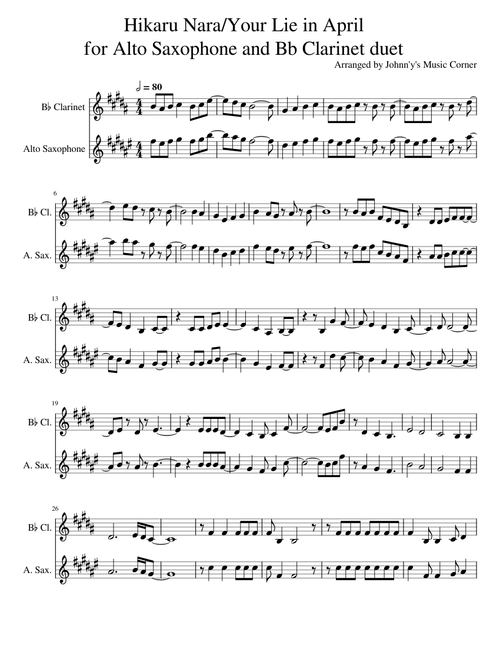 Hikaru Nara/Your Lie in April  for Alto Saxophone and Bb Clarinet duet