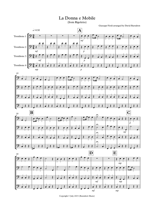 La Donna e Mobile (from Rigoletto) for Trombone Quartet (Arr. David Burndrett) - Giuseppe Verdi (Small Ensemble)