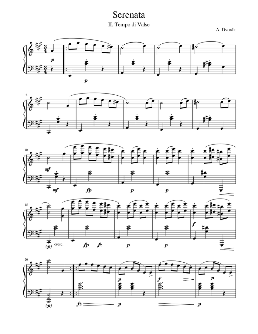 Serenade for strings — II. Tempo di Valse Sheet music for Piano (Solo