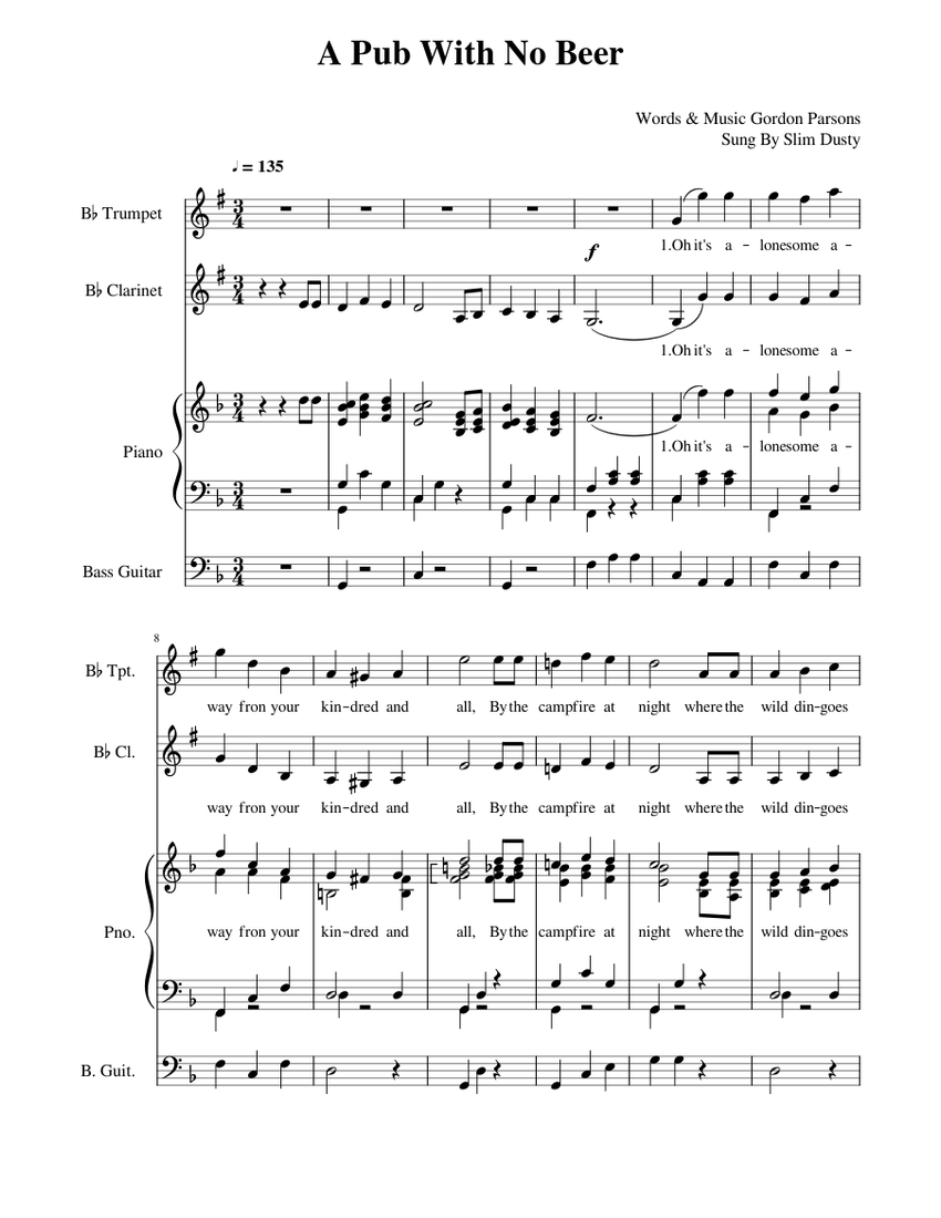 A Pub With No Beer Sheet music for Piano, Clarinet in b-flat, Trumpet in b-flat, Bass guitar (Mixed Quartet) | Musescore.com A... 
