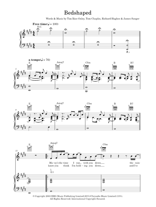 Bedshaped - Keane (Piano-Vocal-Guitar (Piano Accompaniment))