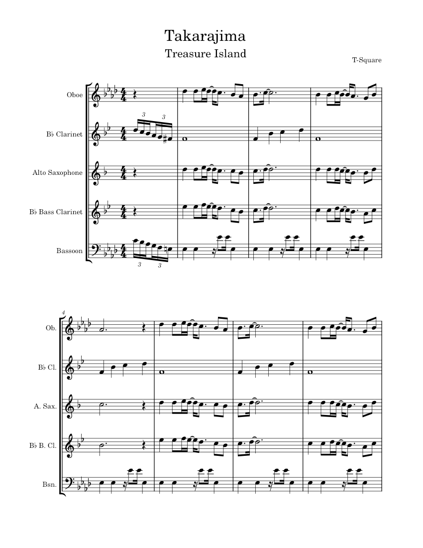 TAKARAJIMA – T-Square Sheet Music for Oboe, Clarinet in b