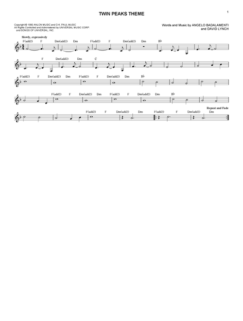 Twin Peaks Theme - David Lynch, Angelo Badalamenti (Lead Sheet - Fake Book)