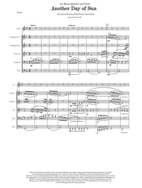 Another Day Of Sun (Arr. Gia H) - Justin Hurwitz, Benj Pasek, Justin Paul (Small Ensemble)