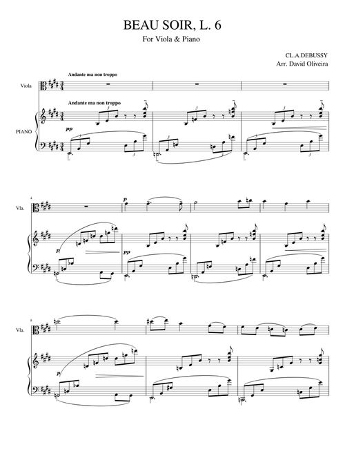 Beau soir, L. 6 (For Viola & Piano, Claude Debussy) sheet music arranged by dmbo21