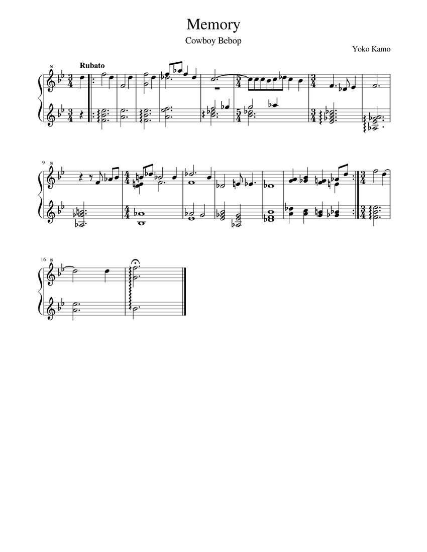 Memory - Cowboy Bebop Sheet Music for Piano (Solo) easy