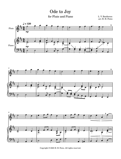 Ode to Joy - Easy Flute and Intermediate Piano - D major (Arr. B. H. Peres) - Ludwig Van Beethoven (Flute and Piano)