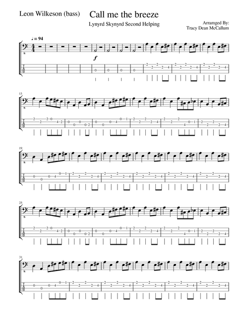 Call Me The Breeze (Arr. Tracy Dean McCallum) - Lynyrd Skynyrd (Bass Tab)