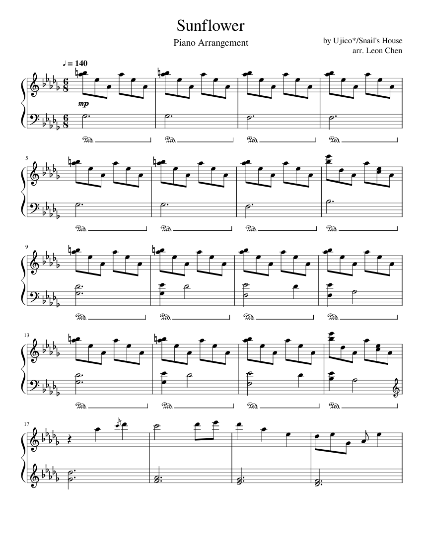 Sunflower by Ujico*/Snail's House (Piano Arrangement) Sheet music for