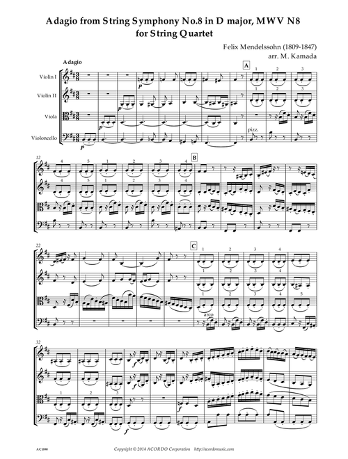 Adagio from String Symphony No.8 in D major, MWV N8 for String Quartet (Arr. Kamada, Mikio) - Mendelssohn-Bartholdy, Felix (1809-1847) (String Quartet)