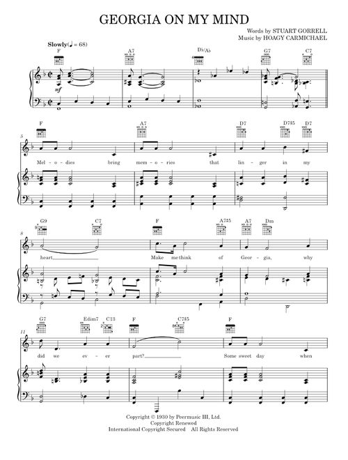 Georgia On My Mind - Hoagy Carmichael, Ray Movie, Ray Charles, Willie Nelson (Piano-Vocal-Guitar)