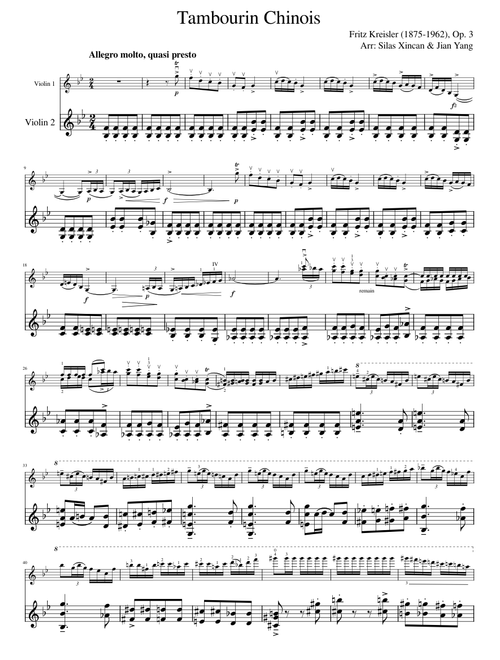 Tambourin Chinois, Op.3 for Two Violins Duet – Fritz Kreisler