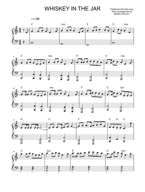 Traditional Irish song - Whiskey in the Jar (piano sheet) (Arr. Music-holley) - Traditional Folk Song (Small Ensemble)