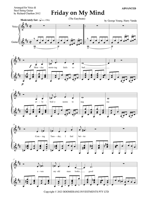 Friday On My Mind (Arr. Richard Charlton) - Easybeats (Piano-Vocal-Guitar (Piano Accompaniment))