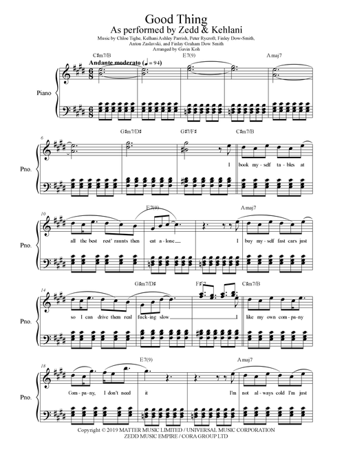 Good Thing (Arr. Gavin Koh) - Zedd & Kehlani (Piano Vocal)
