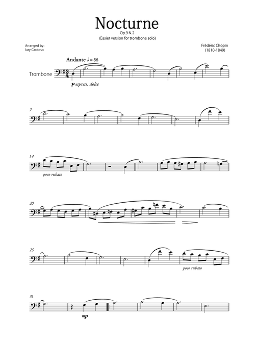 "Nocturne" (Chopin) - Beautiful EASY version for TROMBONE SOLO. (Arr. Iury Cardoso) - Frédéric Chopin (Trombone Solo)