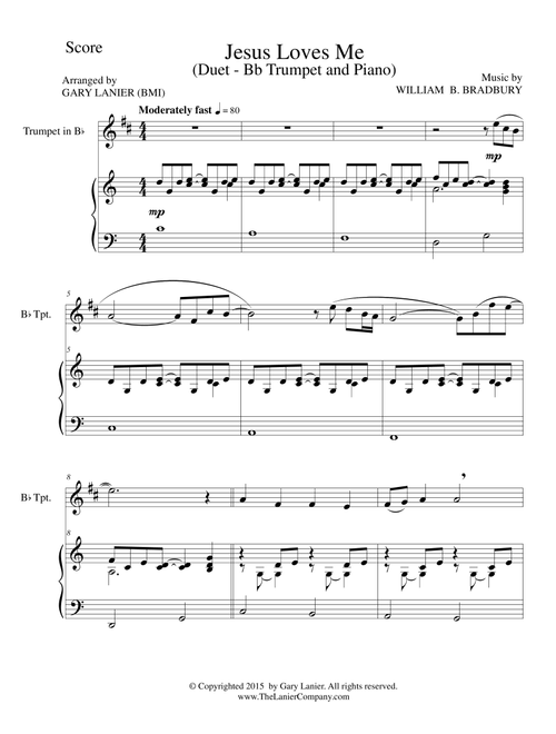 JESUS LOVES ME (Duet – Bb Trumpet and Piano/Score and Parts) (Arr. Gary Lanier) - William B Bradbury (Instrumental Duet)
