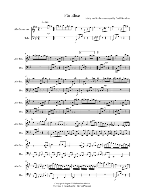 Fur Elise for Alto Saxophone and Tuba Duet (Arr. David Burndrett) - Ludwig Van Beethoven (Instrumental Duet)