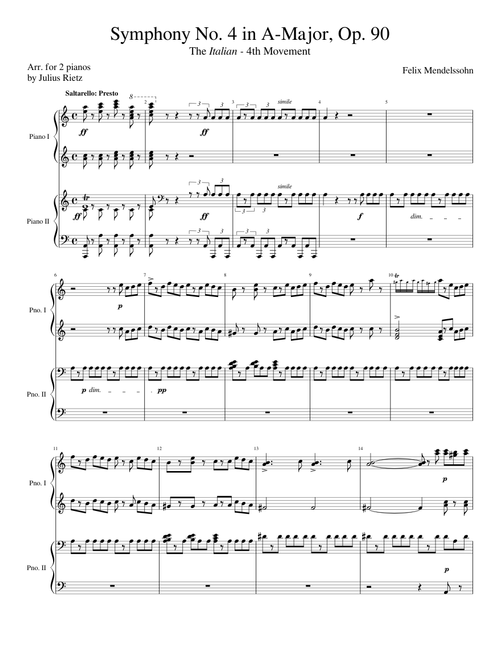 Mendelssohn Symphony No. 4, "Italian", 4th Mvmt, Arr. for 2 Pianos