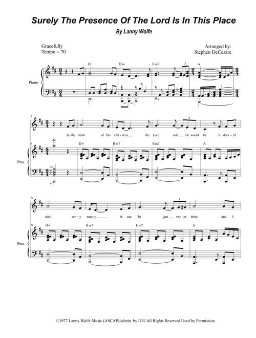 Surely The Presence Of The Lord Is In This Place (Arr. Stephen DeCesare) - Lanny Wolfe (Piano Vocal)