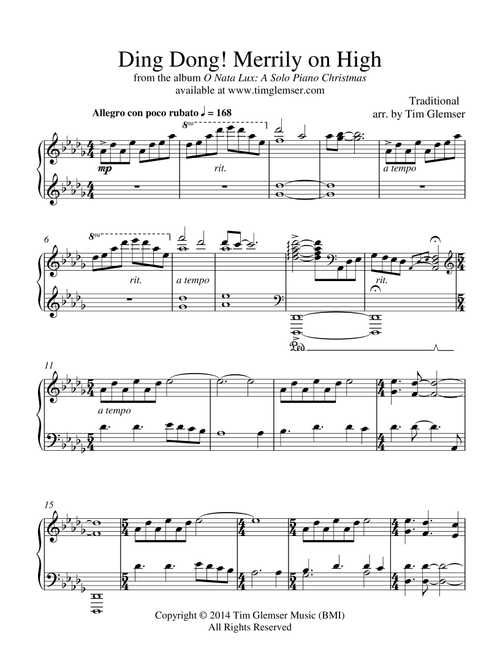 Ding Dong! Merrily on High (Arr. Tim Glemser) - Traditional Christmas (Piano Solo)