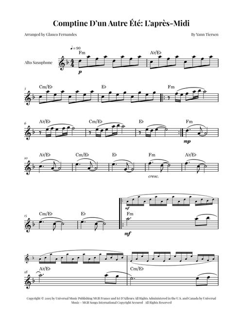 Comptine D'un Autre Été: L'après-Midi (Arr. Glauco Fernandes) - Yann Tiersen (Alto Sax Solo)