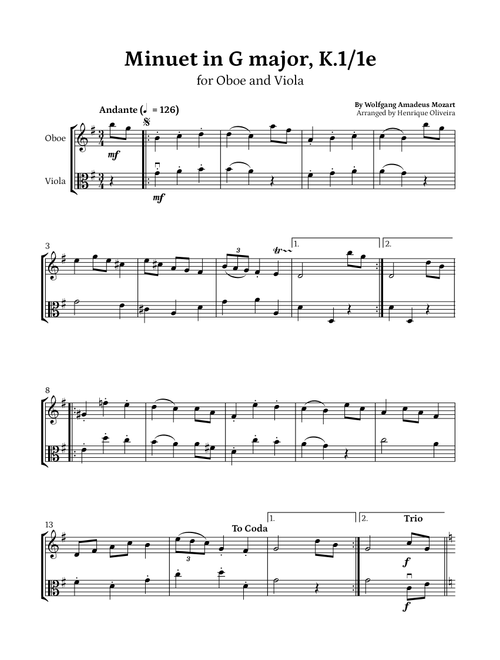 Minuet in G major, K.1/1e (Oboe and Viola) - W. A. Mozart (Arr. Henrique Oliveira) - Wolfgang Amadeus Mozart (Instrumental Duet)