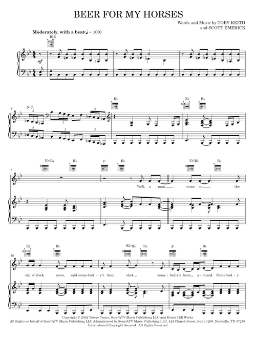 Beer for my horses - Toby Keith (Piano-Vocal-Guitar)
