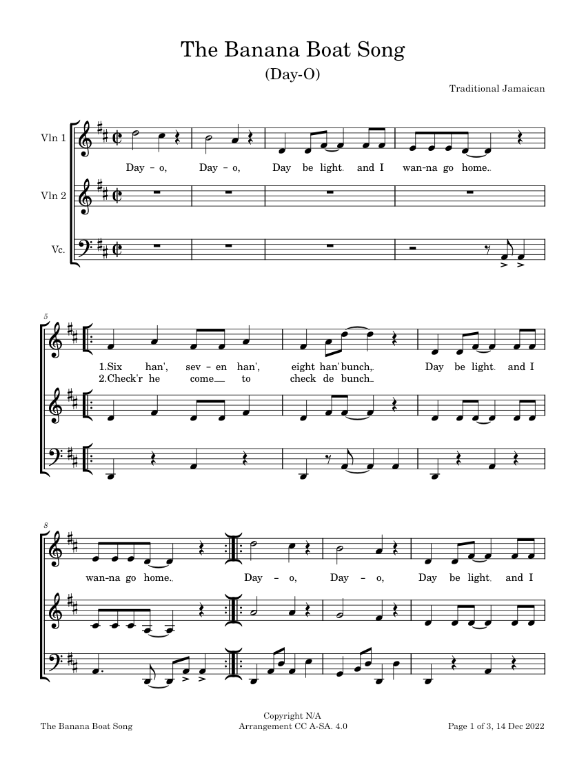 The Banana Boat Song (DayO) Jamaican Work Song Sheet music for