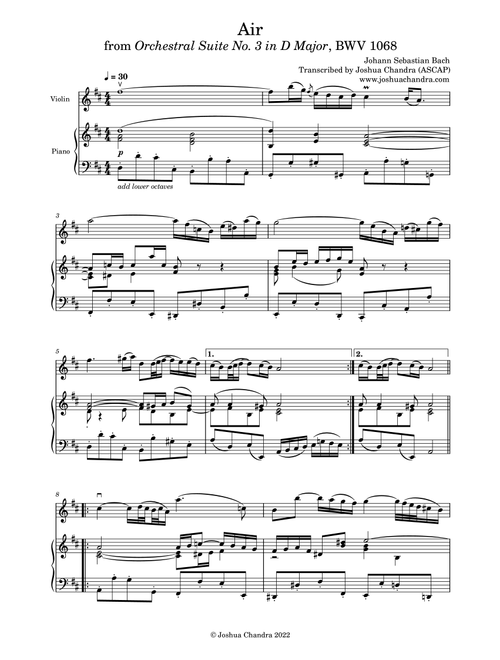 J.S. Bach's Air on a G String (from Orchestral Suite No. 3) (Arr. Joshua Chandra) (Violin and Piano)