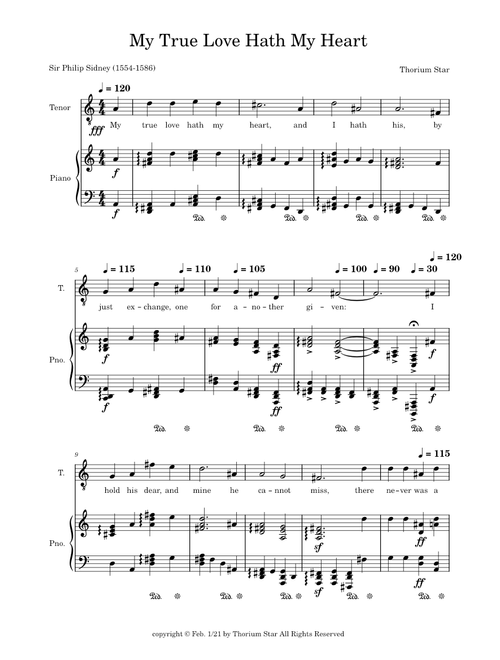 My True Love Hath My Heart, Words by Sir Philip Sidney, Music © by Thorium Star 2021