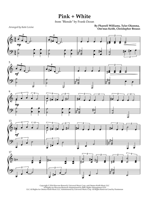 Pink + White (Arr. Katie Levine) - Frank Ocean (Easy Piano)
